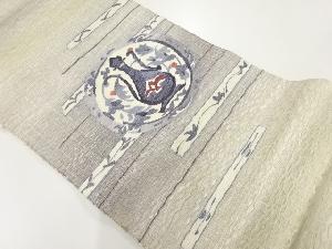 アンティーク　漢方薬草染手織りすくい織丸紋に花唐草・水指模様織出し袋帯（材料）